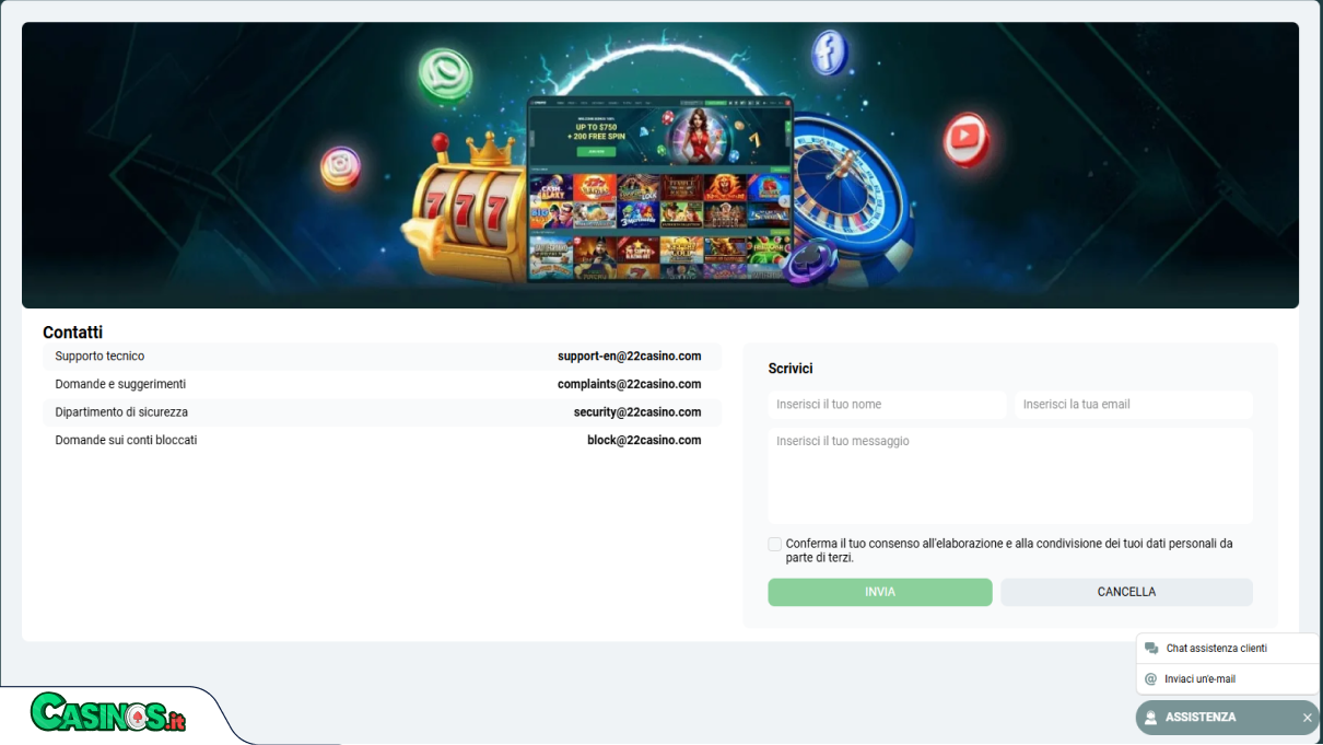 22 Casino Supporto