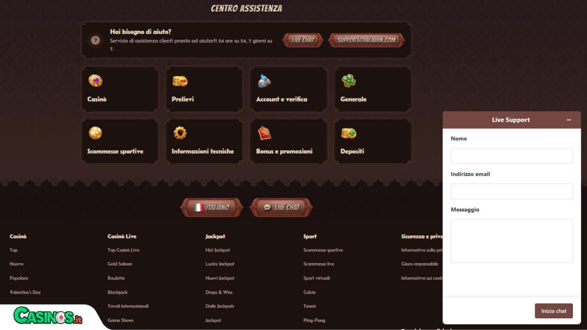 Alawin Casino Supporto
