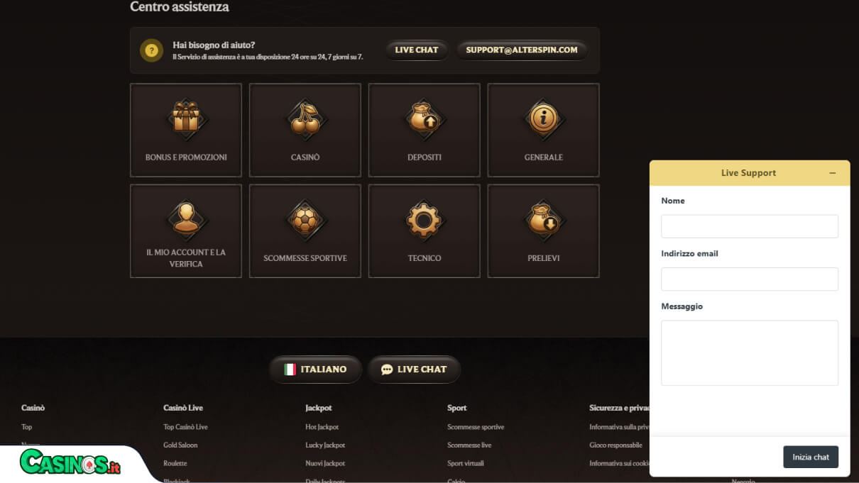 AlterSpin Casino Supporto