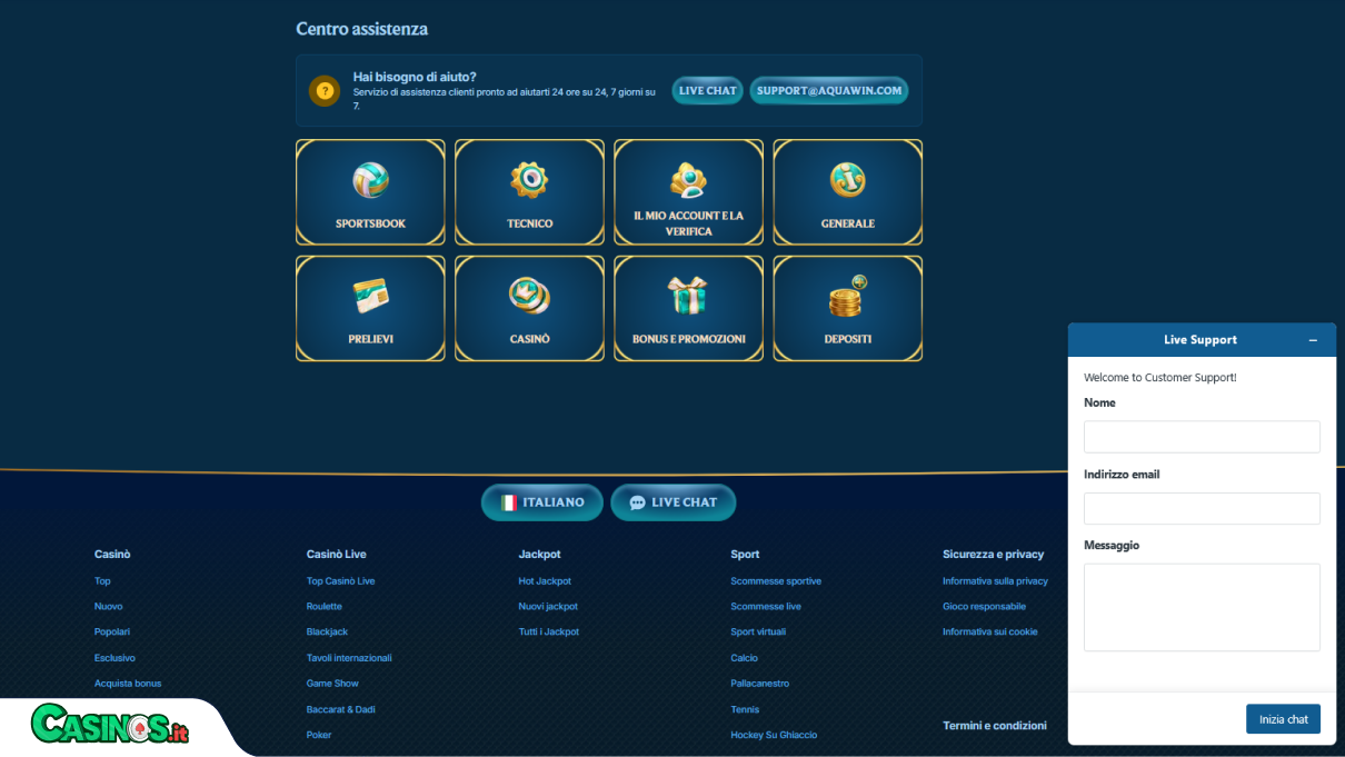 Aquawin Casino Supporto