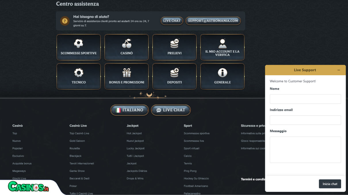AstroMania Casino Supporto