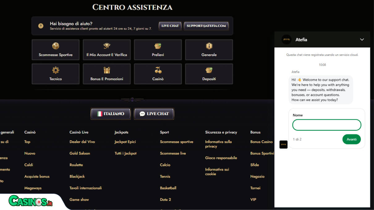 Atefia Casino Supporto