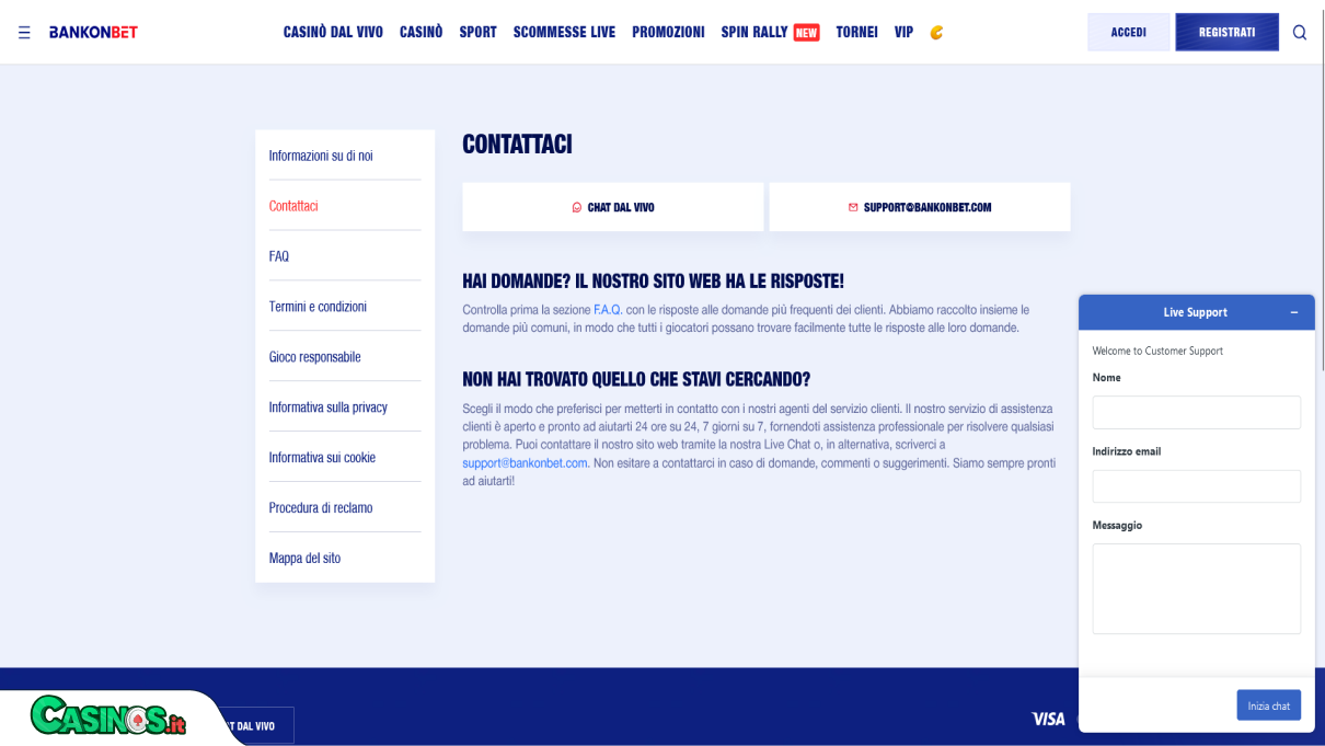 Bankonbet Casino Supporto