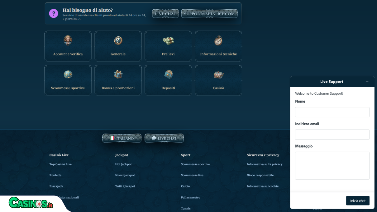 BetAlice Casino Supporto
