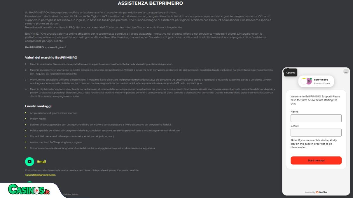 BetPrimeiro Casino Supporto