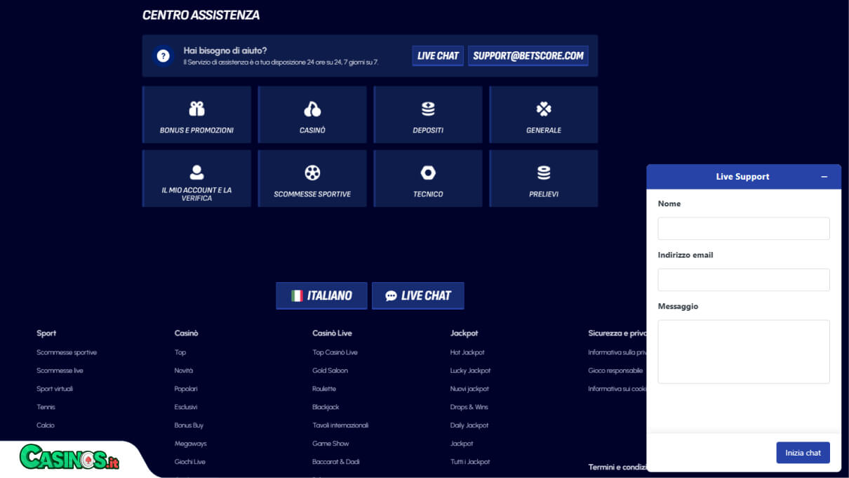 BetScore Casino Supporto