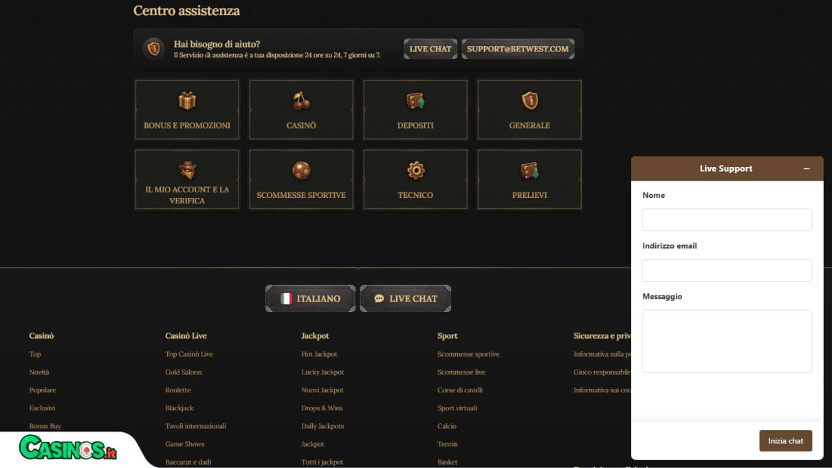 BetWest Casino Supporto