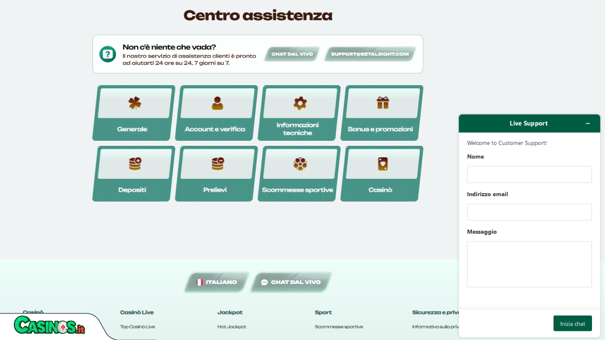 Betalright Casino Supporto