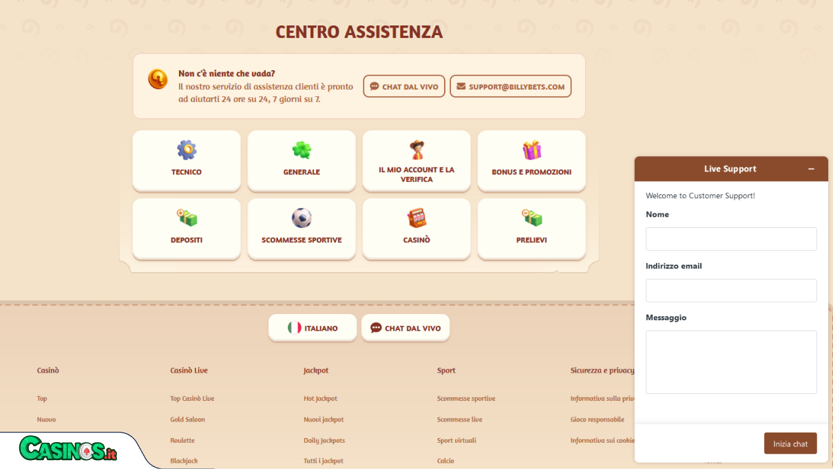Billy Bets Casino Supporto