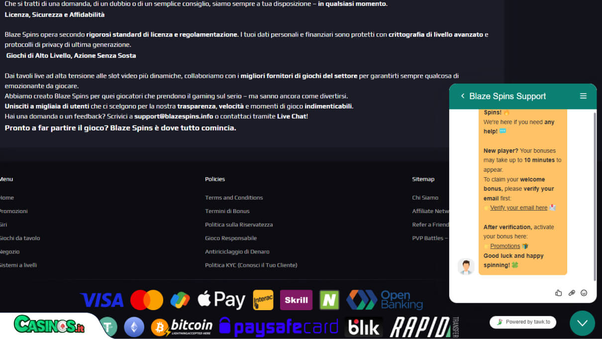 Blaze Spins Casino Supporto