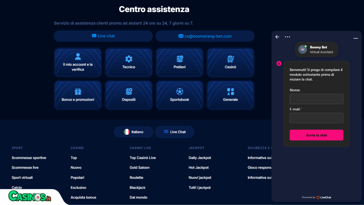 BoomerangBet Casino Supporto