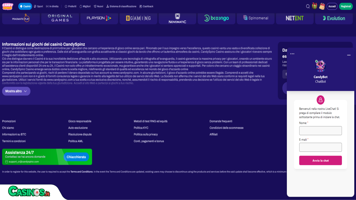 CandySpinz Casino Supporto