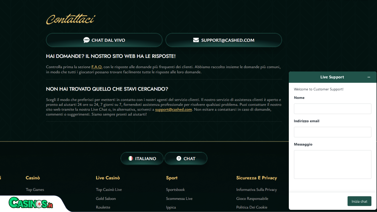 Cashed Casino Supporto