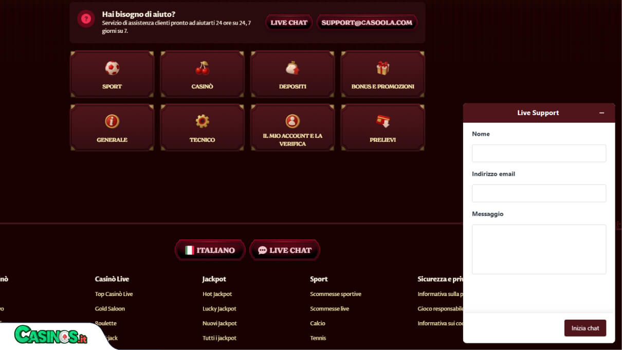 Casoola Casino Supporto