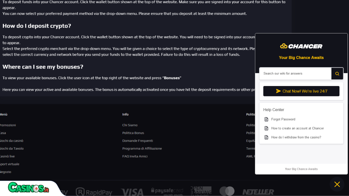 Chancer Bet Casino Supporto