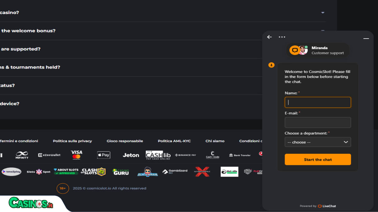 CosmicSlot Casino Supporto