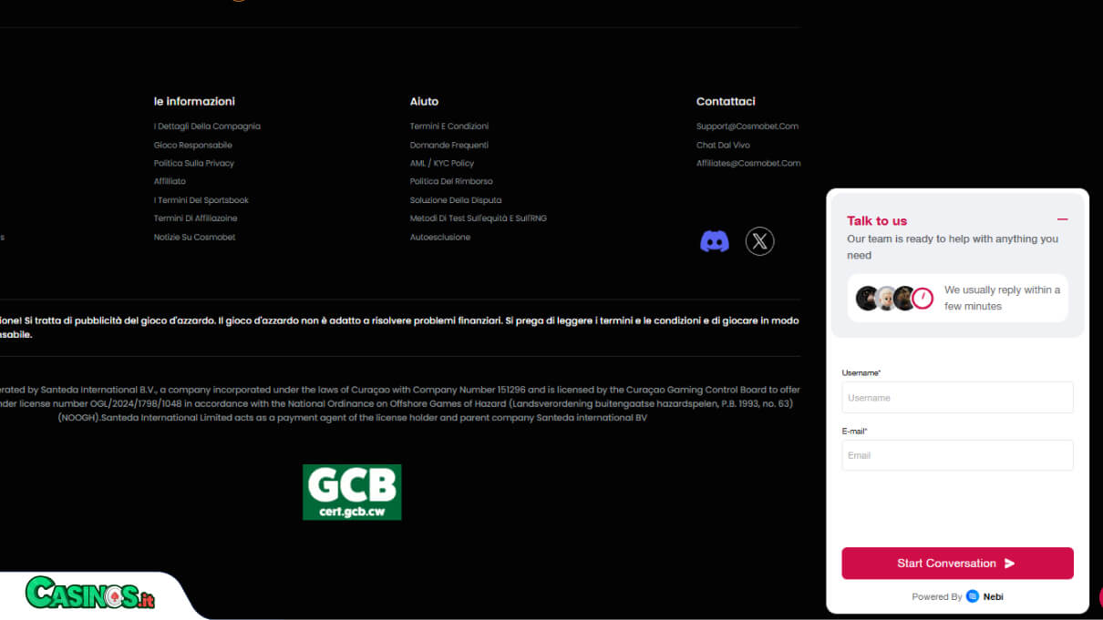 CosmoBet Casino Supporto