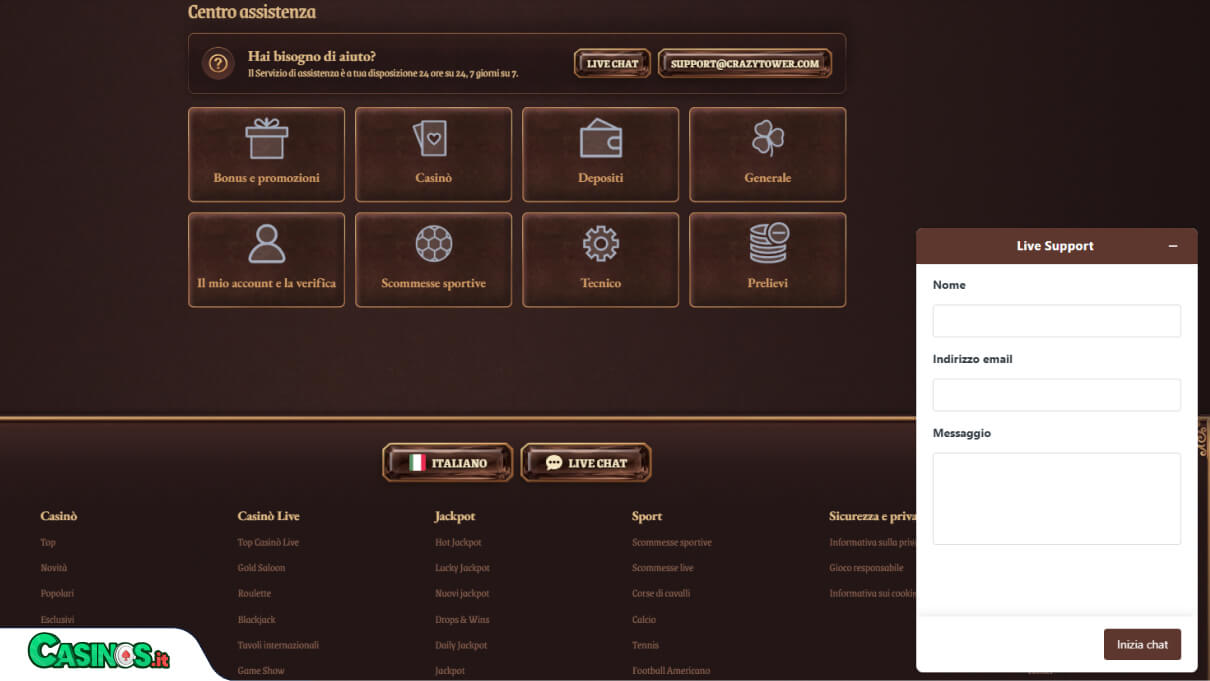 CrazyTower Casino Supporto