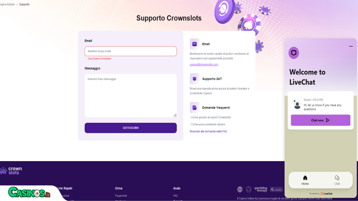 CrownSlots Casino Supporto