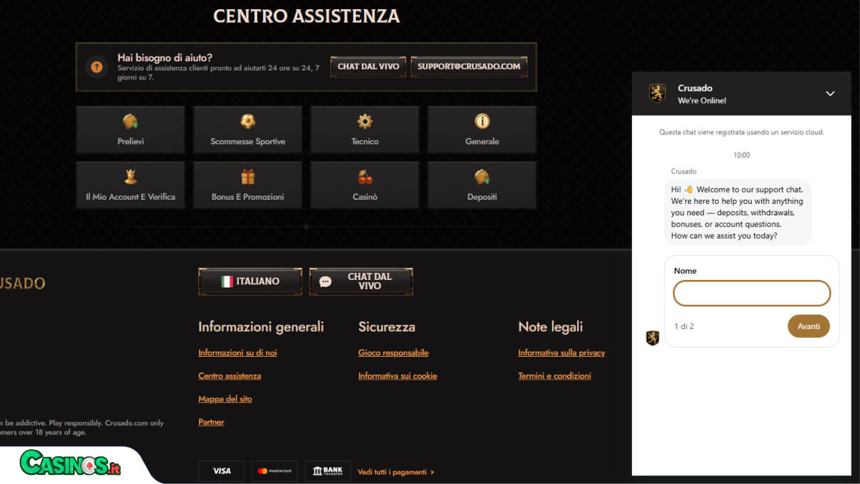 Crusado Casino Supporto