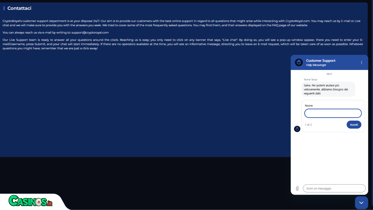 CryptoRoyal Casino Supporto