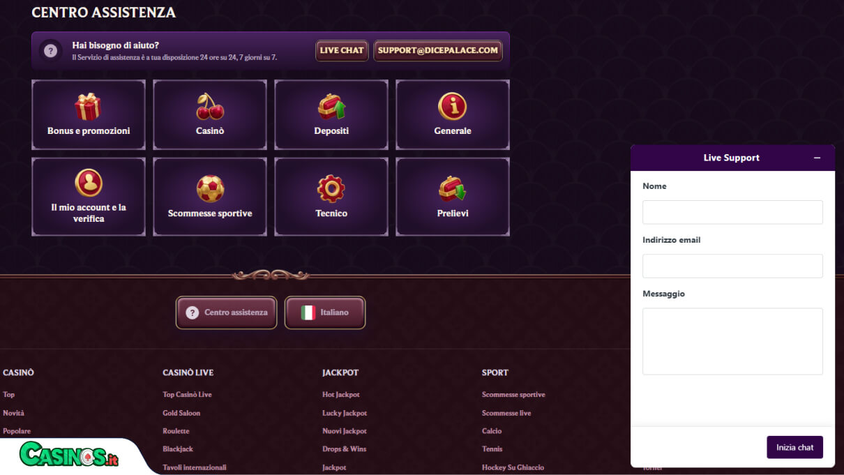 Dice Palace Casino Supporto