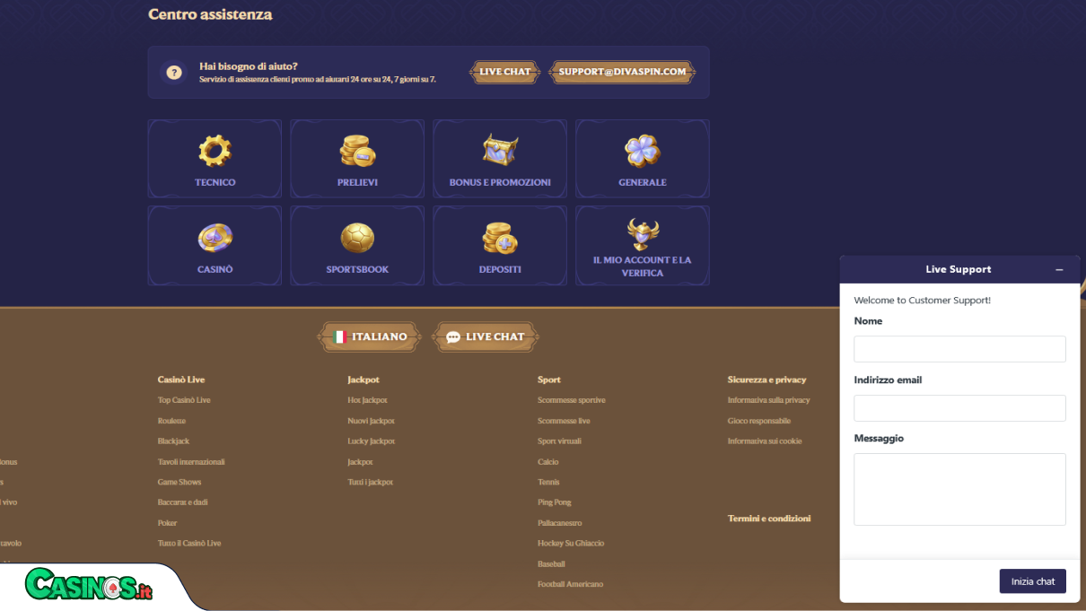 Diva Spin Casino Supporto