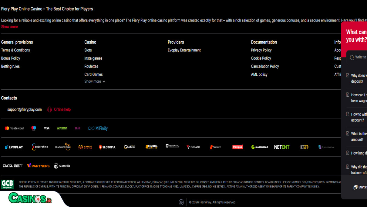 Fiery Play Casino Supporto