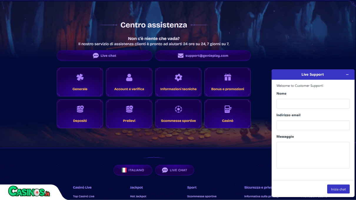 GeniePlay Casino Supporto