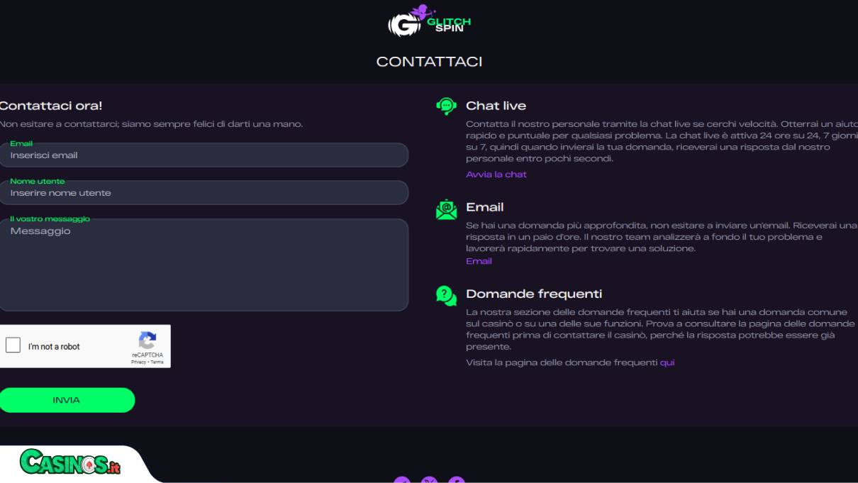 GlitchSpin Casino Supporto