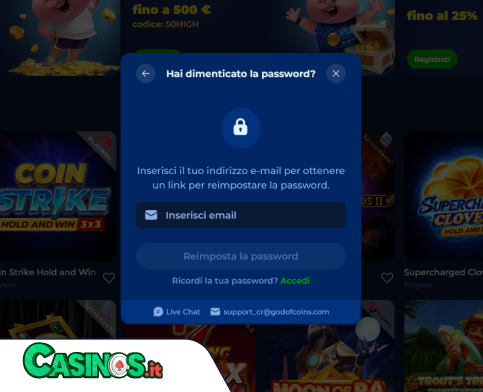 God of Coins Casino problema di accesso