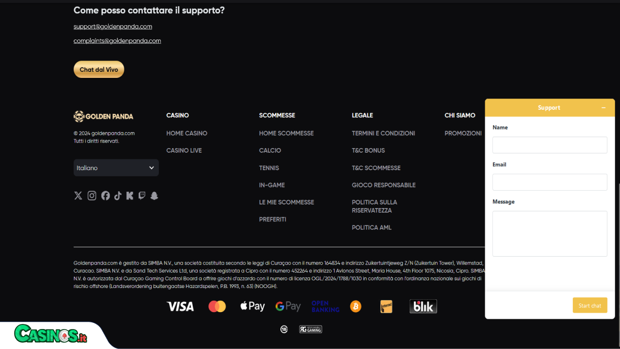 Golden Panda Casino Supporto