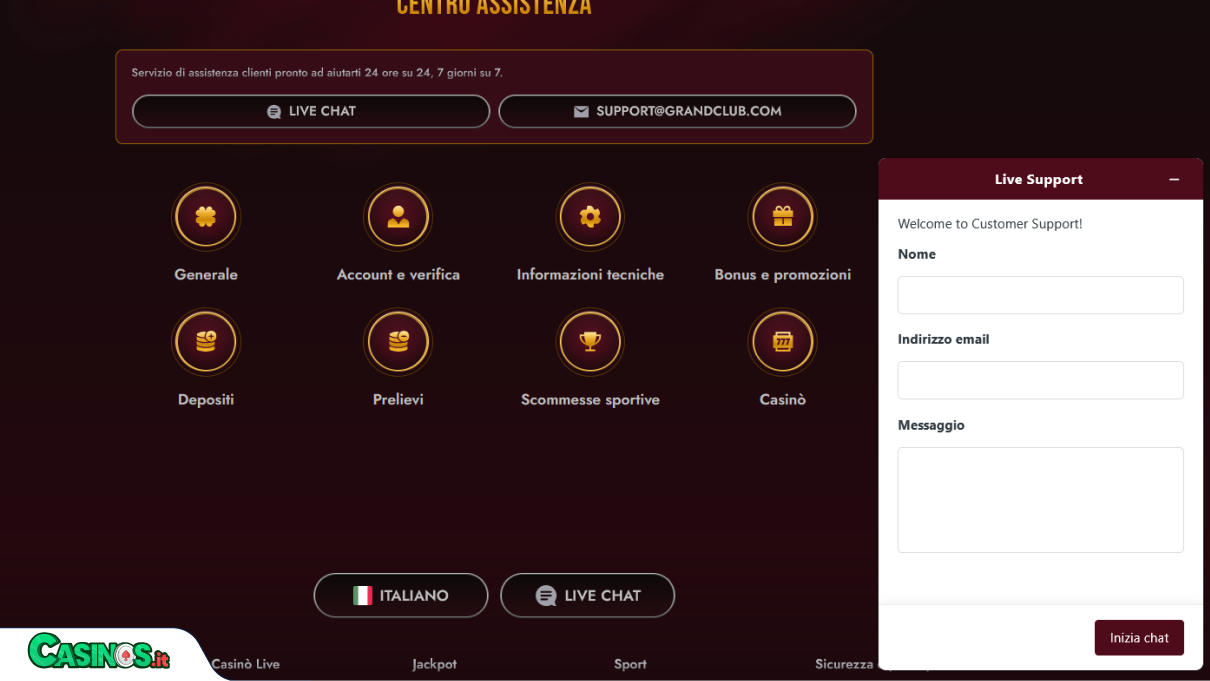 GrandClub Casino Supporto
