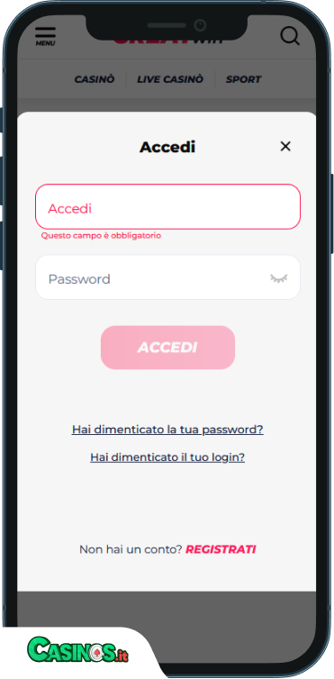 GreatWin Casino Accesso