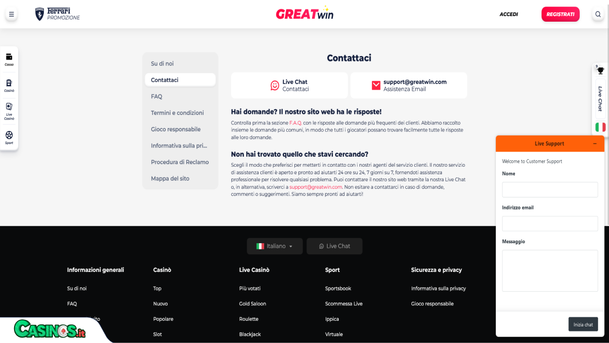 GreatWin Casino Supporto
