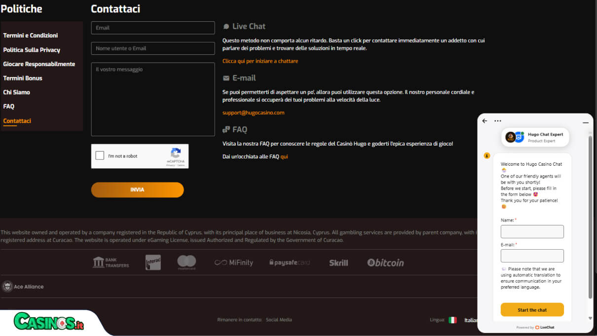 Hugo Casino Supporto