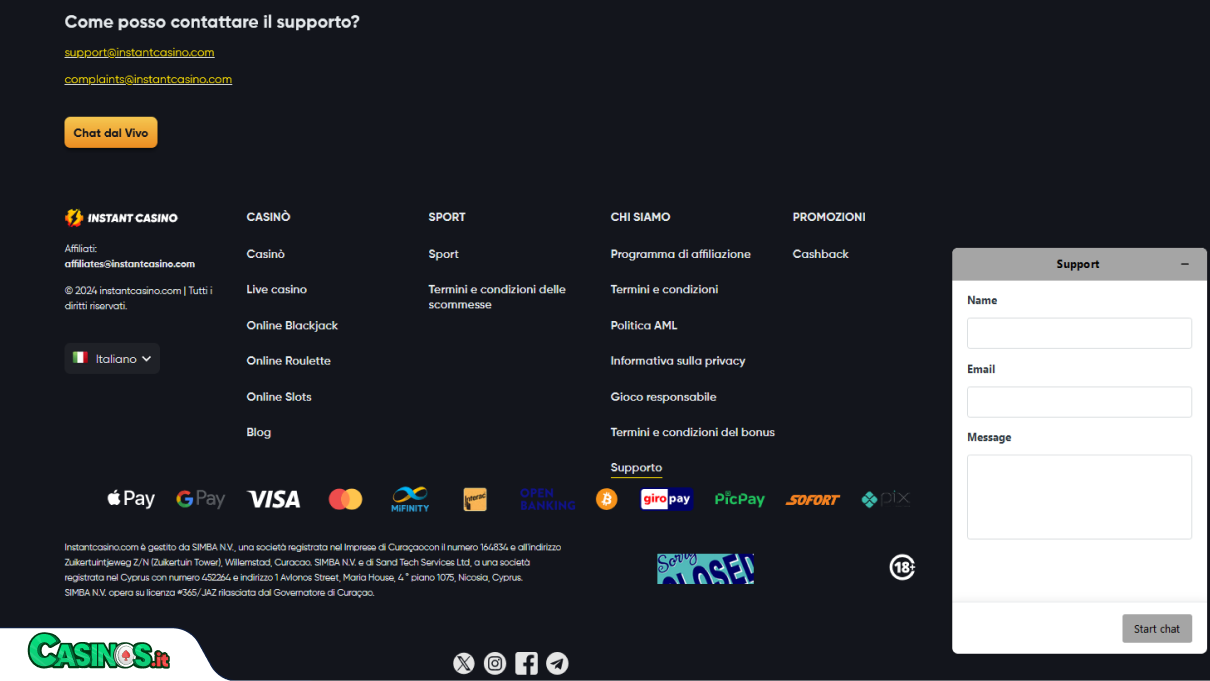 Instant Casino Supporto