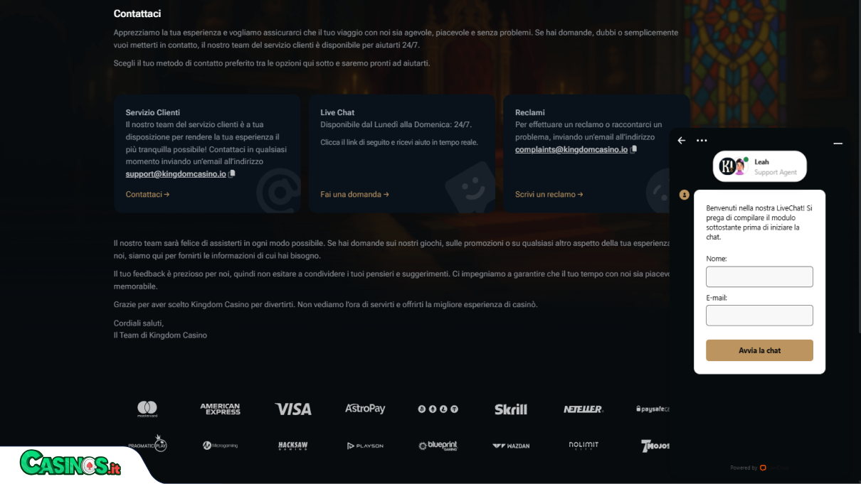 Kingdom Casino Supporto