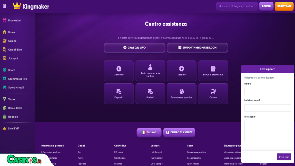 Kingmaker Casino Supporto