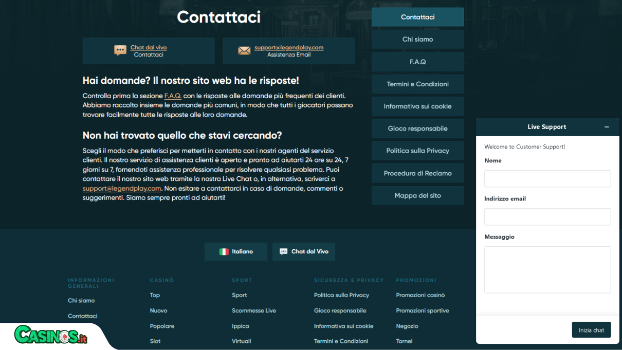 LegendPlay Casino Supporto