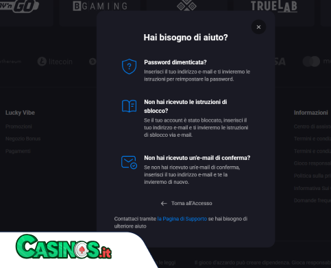 LuckyVibe Casino problema di accesso
