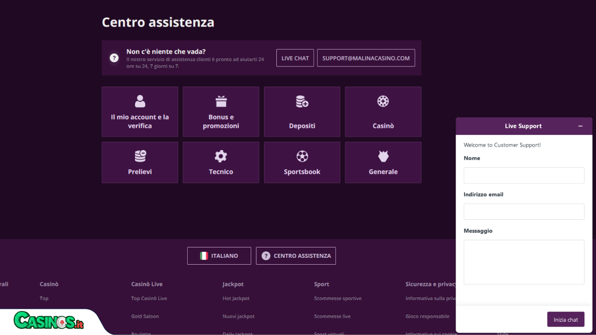 Malina Casino Supporto