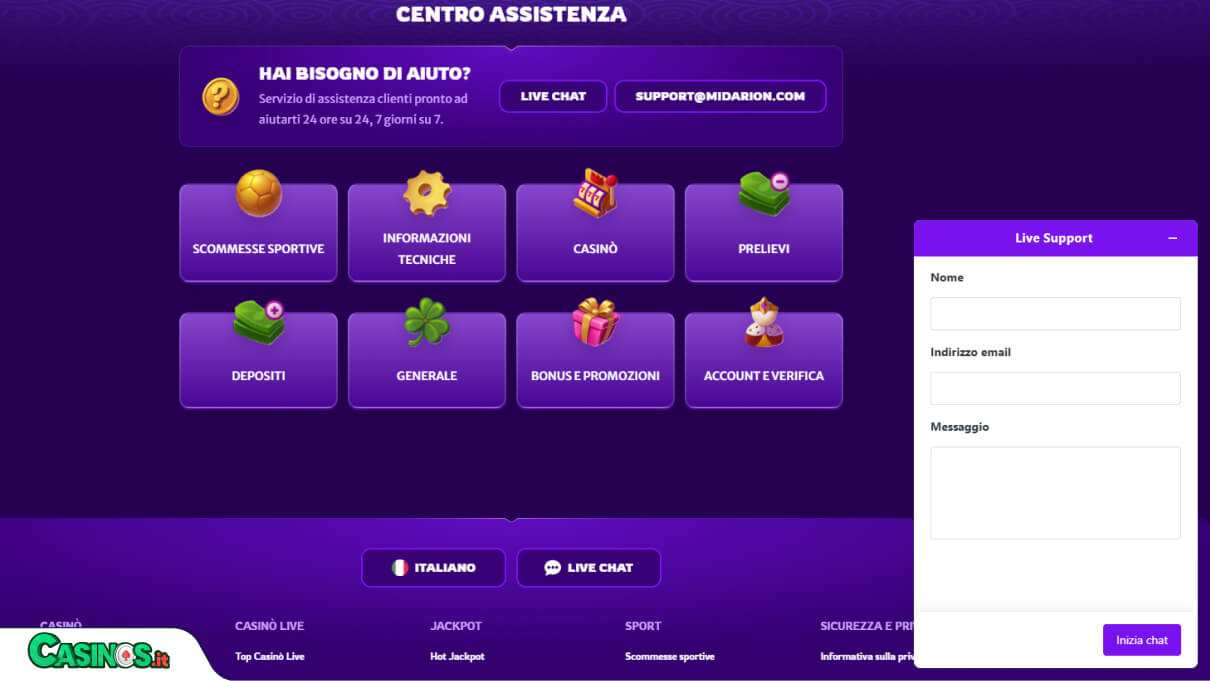 Midarion Casino Supporto