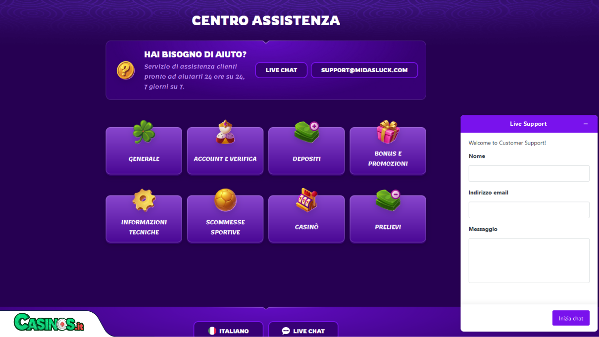 MidasLuck Casino Supporto