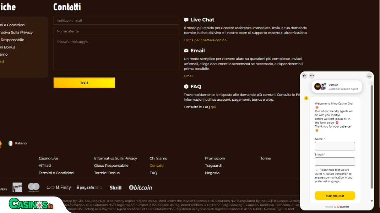 Mino Casino Supporto