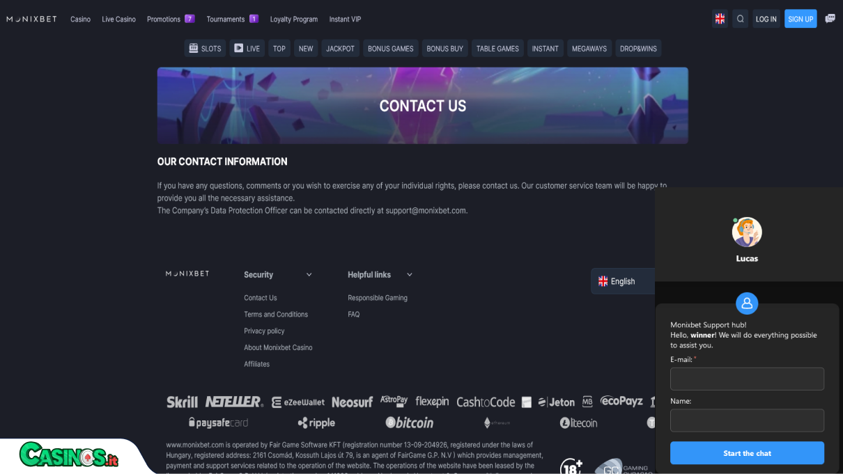 Monixbet Casino Supporto
