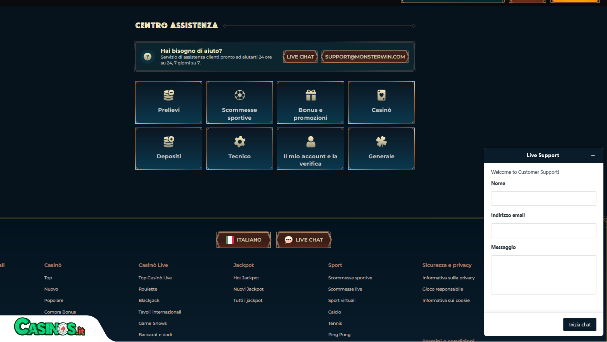 MonsterWin Casino Supporto