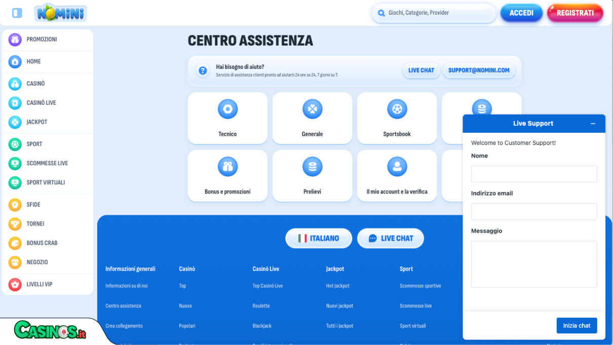 Nomini Casino Supporto