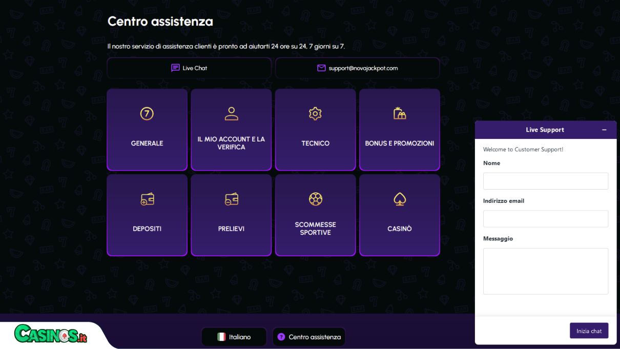 NovaJackPot Casino Supporto
