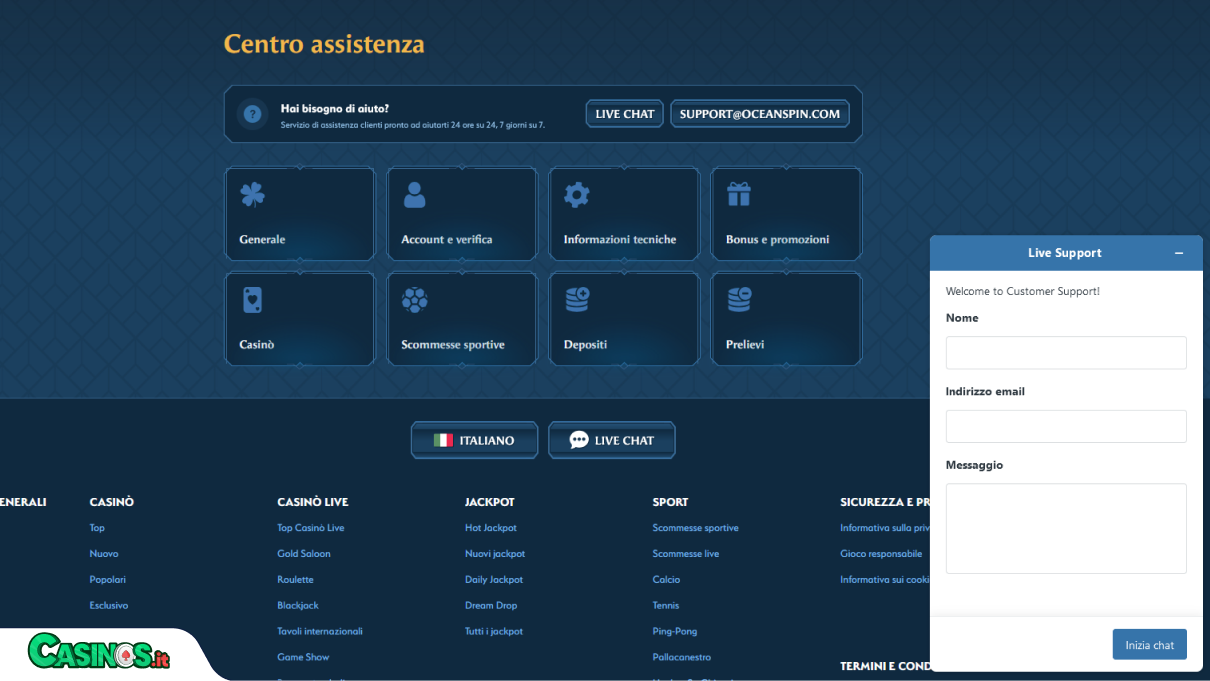 Oceanspin Casino Supporto